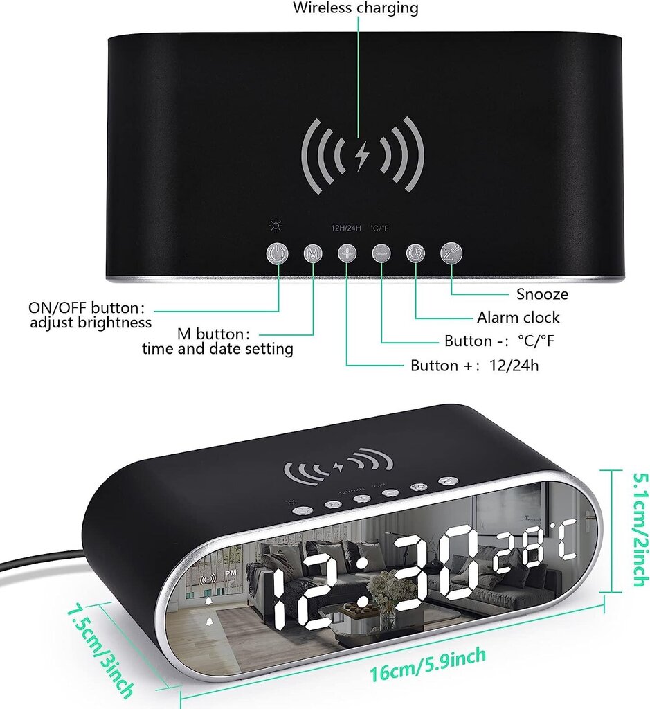 Äratuskell juhtmevaba laadijaga цена и информация | Raadiod ja äratuskellad | kaup24.ee