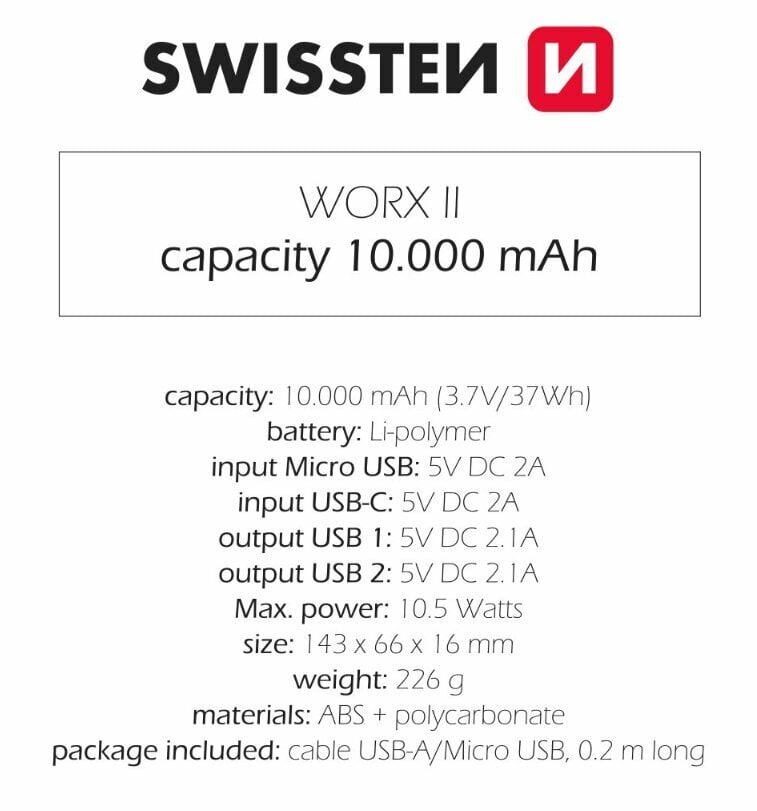 Swissten Worx II 10000 mAh цена и информация | Akupangad | kaup24.ee