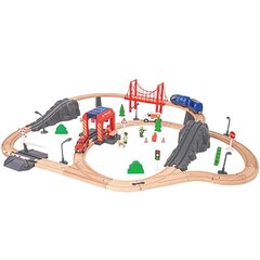 Puidust rada rongi, tuletõrjedepoo, kiirautodega 70 tk., Tooky Toy hind ja info | Poiste mänguasjad | kaup24.ee