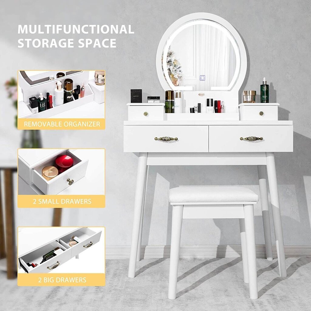 Kosmeetikalaud KS185 LED valgustuse ja pehme tooliga, valge цена и информация | Tualettlauad | kaup24.ee