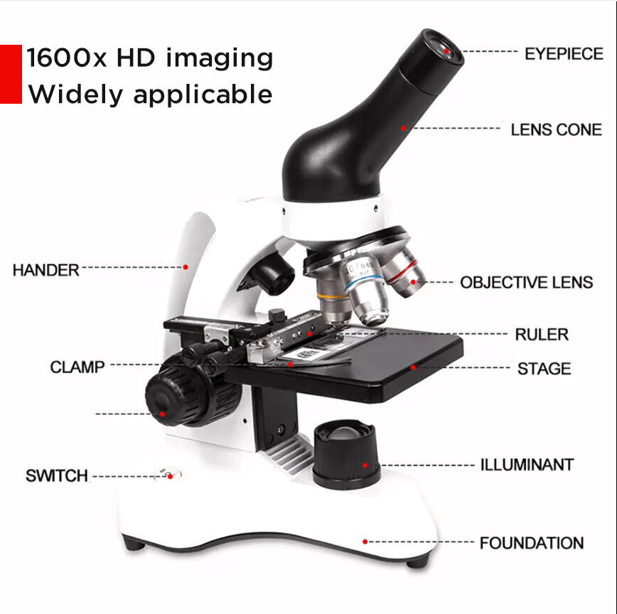 Professionaalne bioloogiline mikroskoop telefonihoidikuga, 1600X цена и информация | Mikroskoobid ja teleskoobid | kaup24.ee