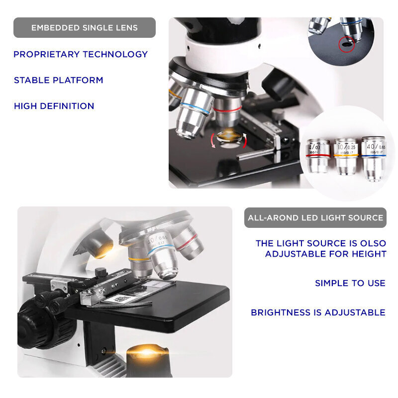 Professionaalne bioloogiline mikroskoop telefonihoidikuga, 1600X цена и информация | Mikroskoobid ja teleskoobid | kaup24.ee