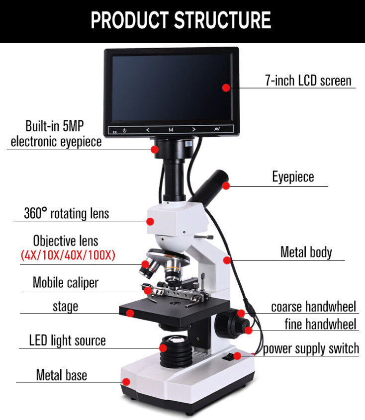 Professionaalne bioloogiline mikroskoop ekraaniga, 1600x hind ja info | Mikroskoobid ja teleskoobid | kaup24.ee