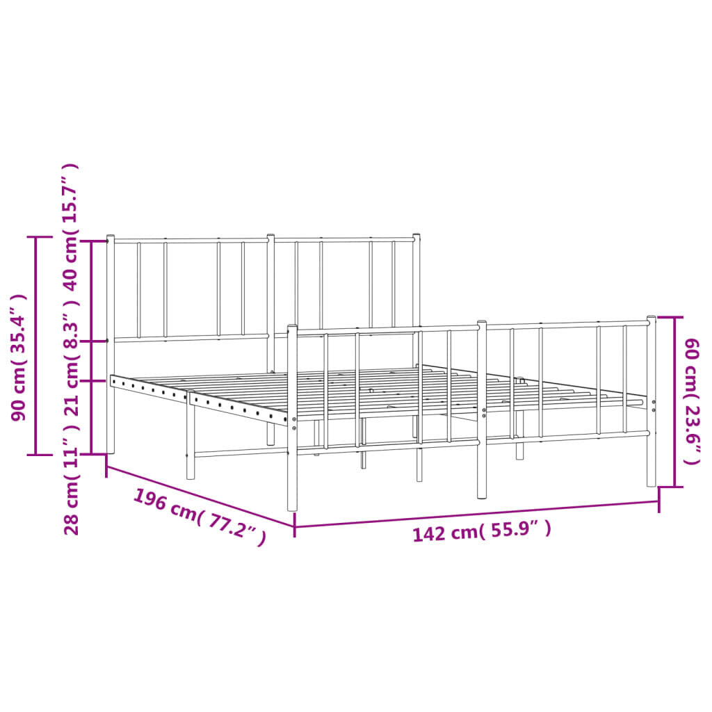 vidaXL metallist voodiraam peatsi ja jalutsiga, valge, 135 x 190 cm hind ja info | Voodid | kaup24.ee