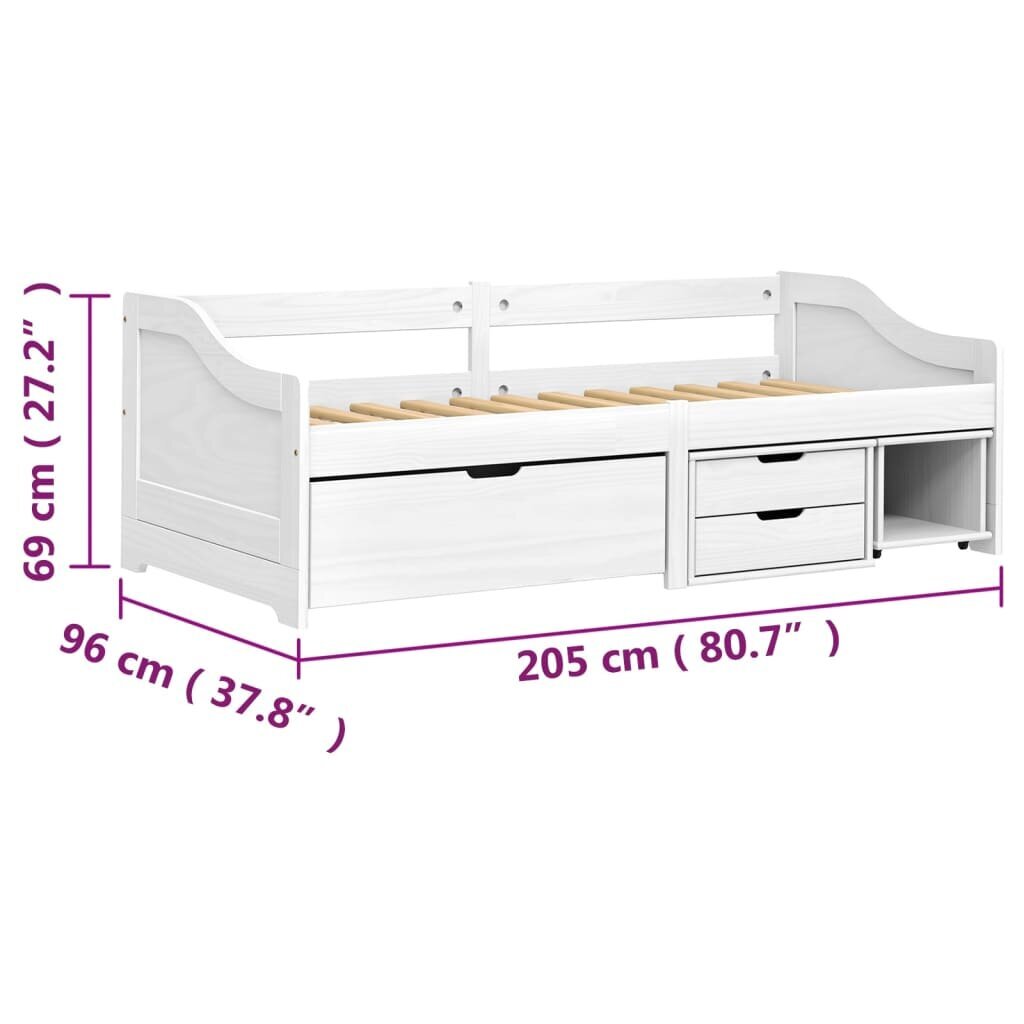 vidaXL päevavoodi 3 sahtliga, "Irun", valge, 90 x 200 cm, männipuit hind ja info | Voodid | kaup24.ee