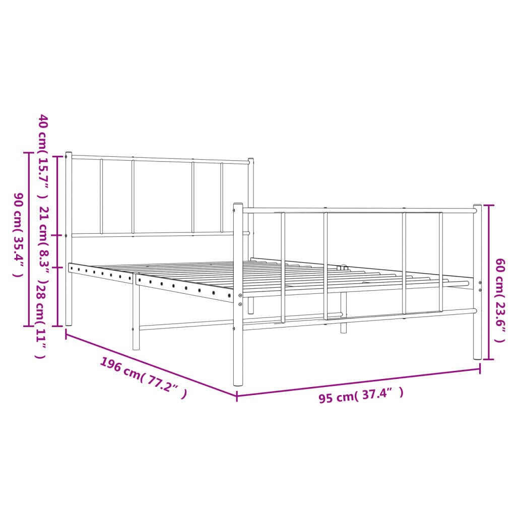 vidaXL metallist voodiraam peatsi ja jalutsiga, must, 90x190 cm цена и информация | Voodid | kaup24.ee