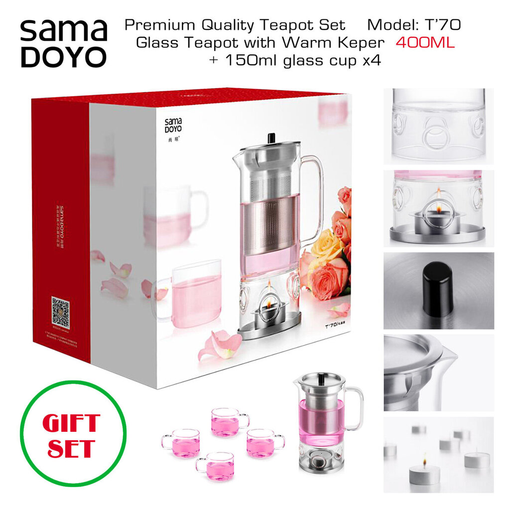 Komplekt Teekann Samadoyo Premium, klassiist, 400 ml ja 4 klaasist tassi x 150 ml, T'70, Premium Quality Teapot with Warm Keeper hind ja info | Kohvikannud, teekannud | kaup24.ee