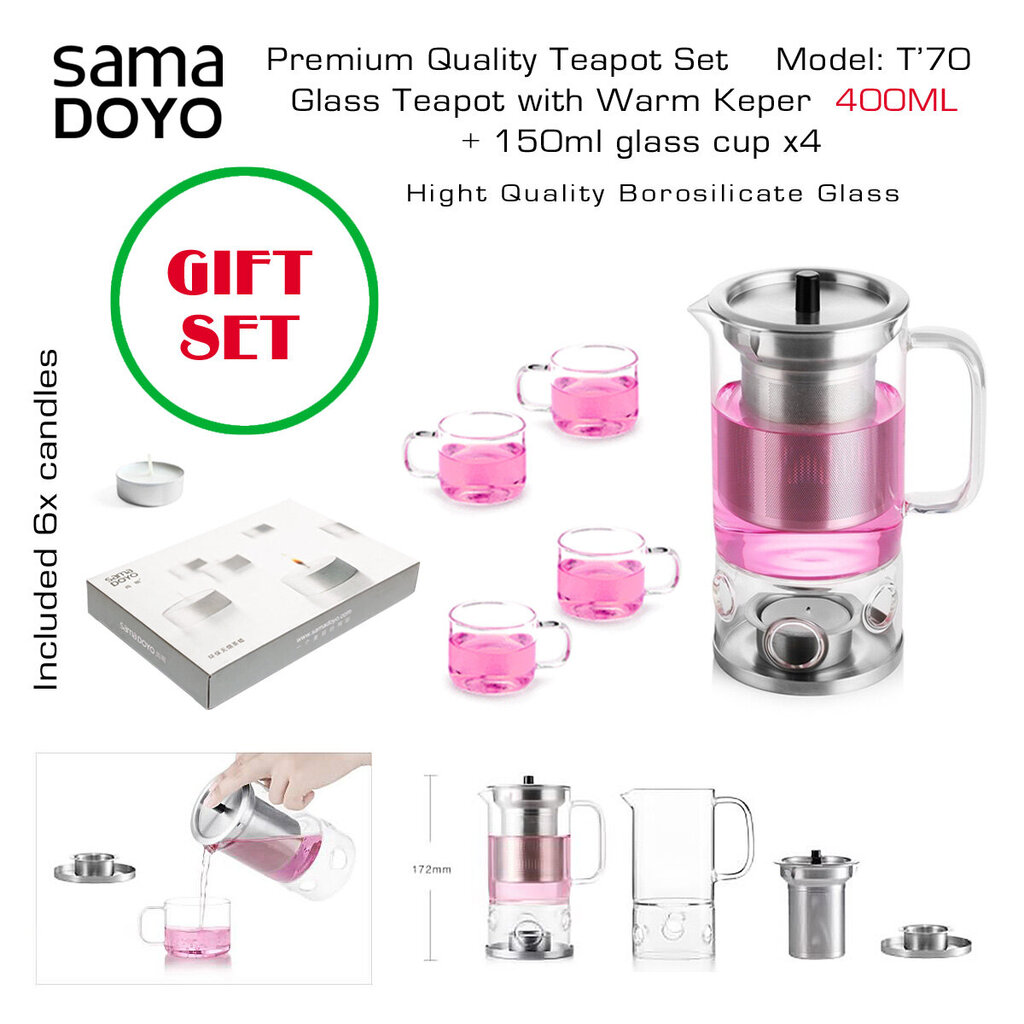 Komplekt Teekann Samadoyo Premium, klassiist, 400 ml ja 4 klaasist tassi x 150 ml, T'70, Premium Quality Teapot with Warm Keeper hind ja info | Kohvikannud, teekannud | kaup24.ee