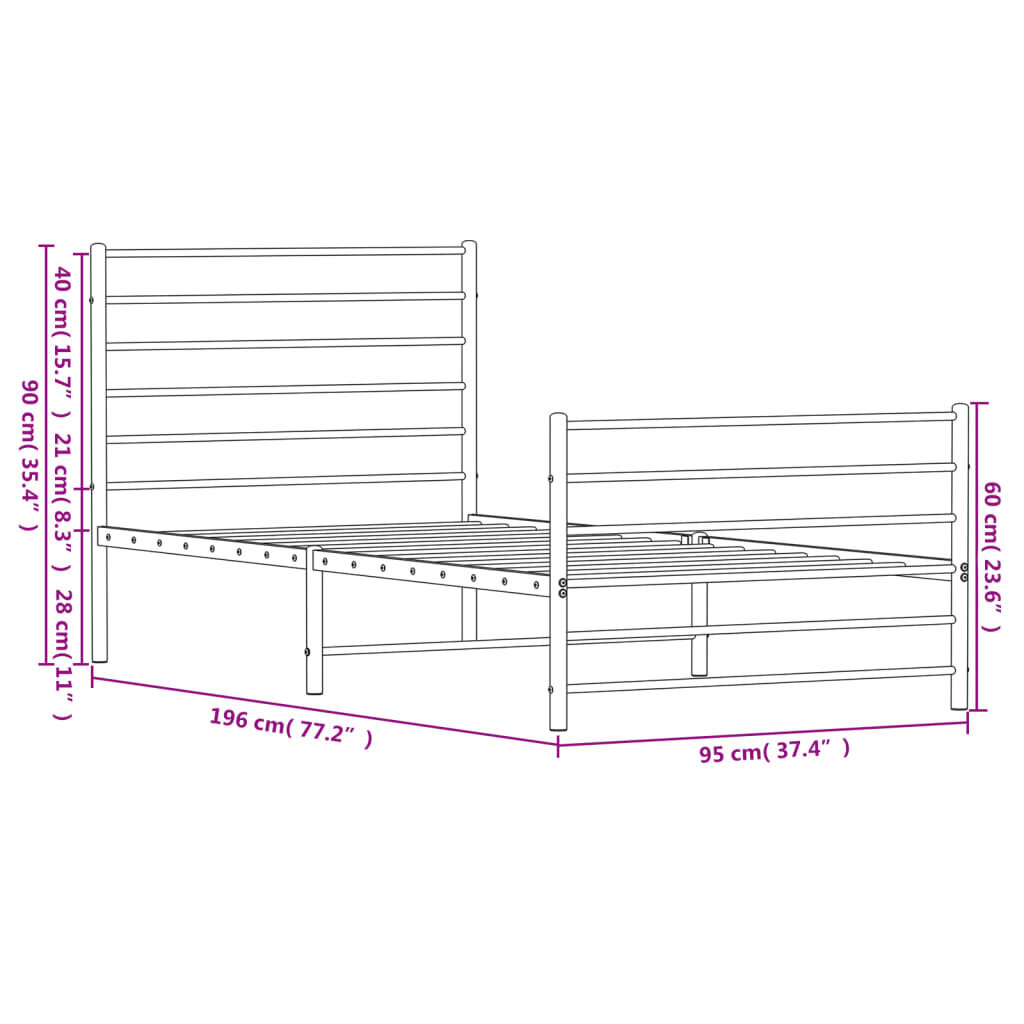 vidaXL metallist voodiraam peatsi ja jalutsiga, valge, 90 x 190 cm цена и информация | Voodid | kaup24.ee