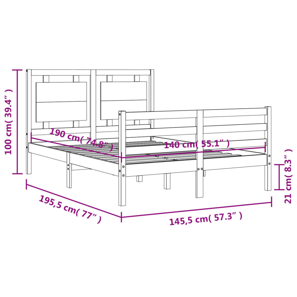 vidaXL voodiraam peatsiga, hall, 140 x 190 cm, täispuit hind ja info | Voodid | kaup24.ee