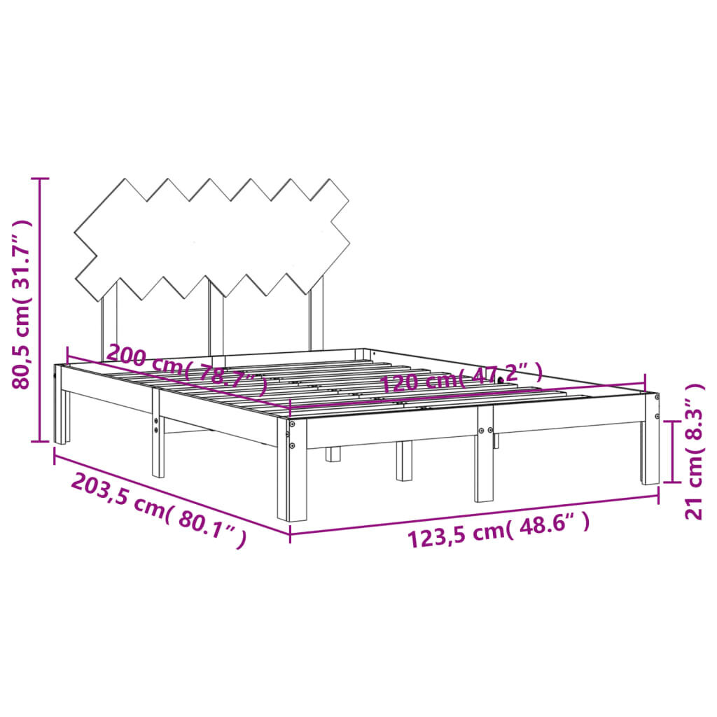 vidaXL voodiraam peatsiga, valge, 120 x 200 cm, täispuit цена и информация | Voodid | kaup24.ee