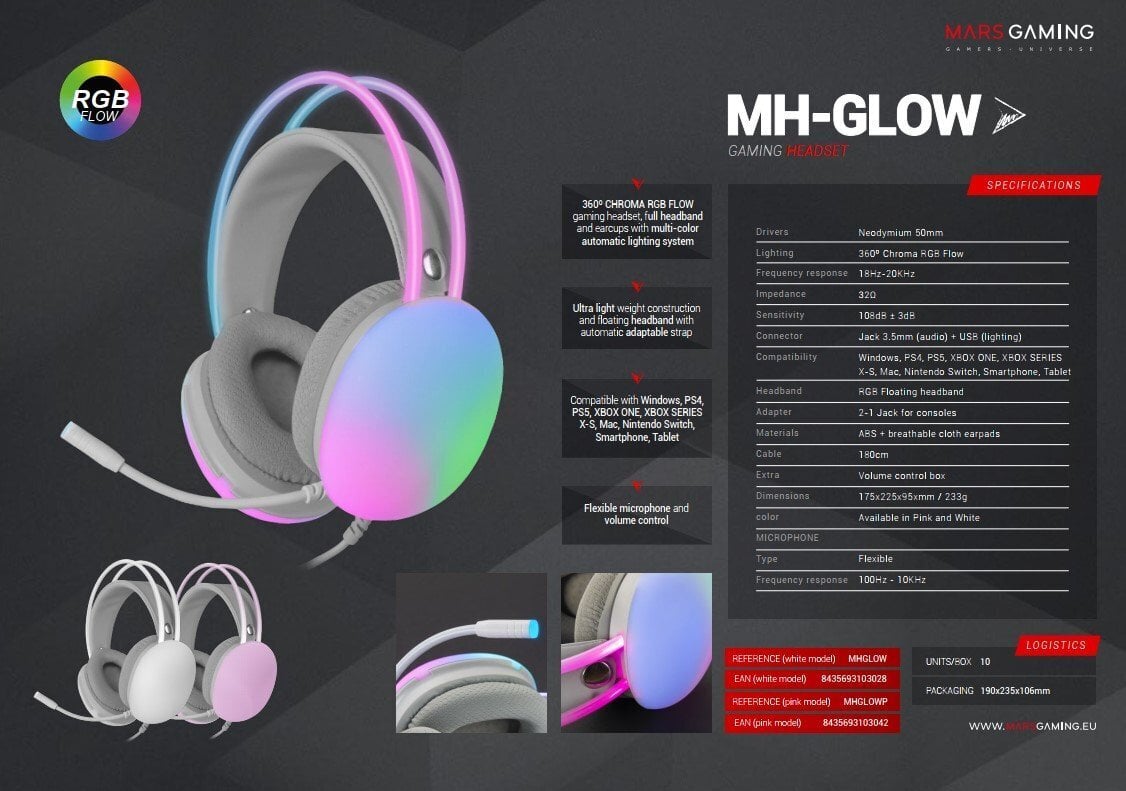 Mängukõrvaklapid Chroma Flow Mars Gaming MH-Glow RGB 3,5 mm / USB цена и информация | Kõrvaklapid | kaup24.ee