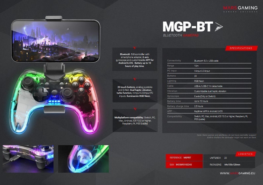 Juhtmeta mängukontroller Mars Gaming MGP-BT Bluetooth USB-C / X-input & D-input / Gyroscope цена и информация | Mängupuldid | kaup24.ee