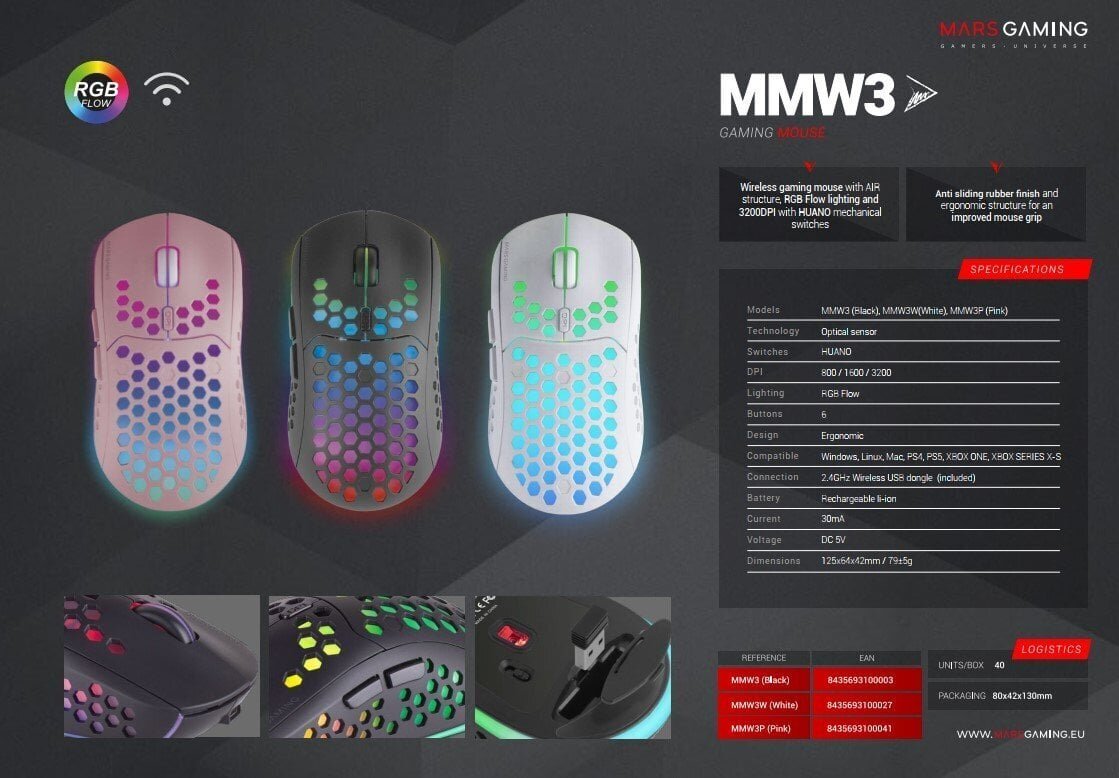 Juhtmeta mänguhiir Mars Gaming MMW3 USB / RGB цена и информация | Hiired | kaup24.ee