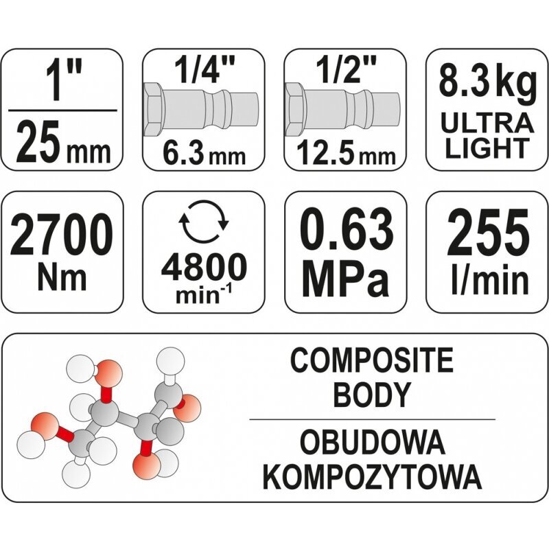 Õhumutrikeeraja 1" 2700Nm 0,63MPa 255L/min 8,3kg 09611 цена и информация | Akutrellid, kruvikeerajad | kaup24.ee