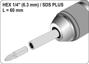 Kuuskant 1/4 SDS plus adapter L=60 mm 04690 цена и информация | Шуруповерты, дрели | kaup24.ee