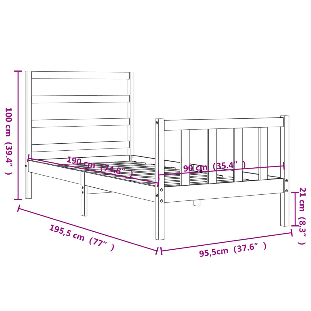 vidaXL voodiraam peatsiga, valge, 90 x 190 cm, täispuit цена и информация | Voodid | kaup24.ee