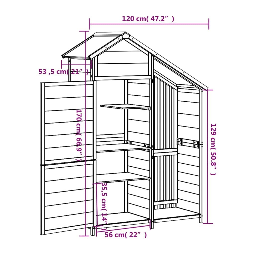 vidaXL aia tööriistakuur, pruun, 120 x 53,5 x 170 cm, männipuit hind ja info | Varikatused ja aiapaviljonid | kaup24.ee