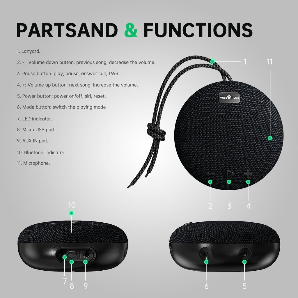 Juhtmeta Bluetooth-kõlar Wise Tiger C200 5W / IPX7 / TWS / 800mAh hind ja info | Kõlarid | kaup24.ee