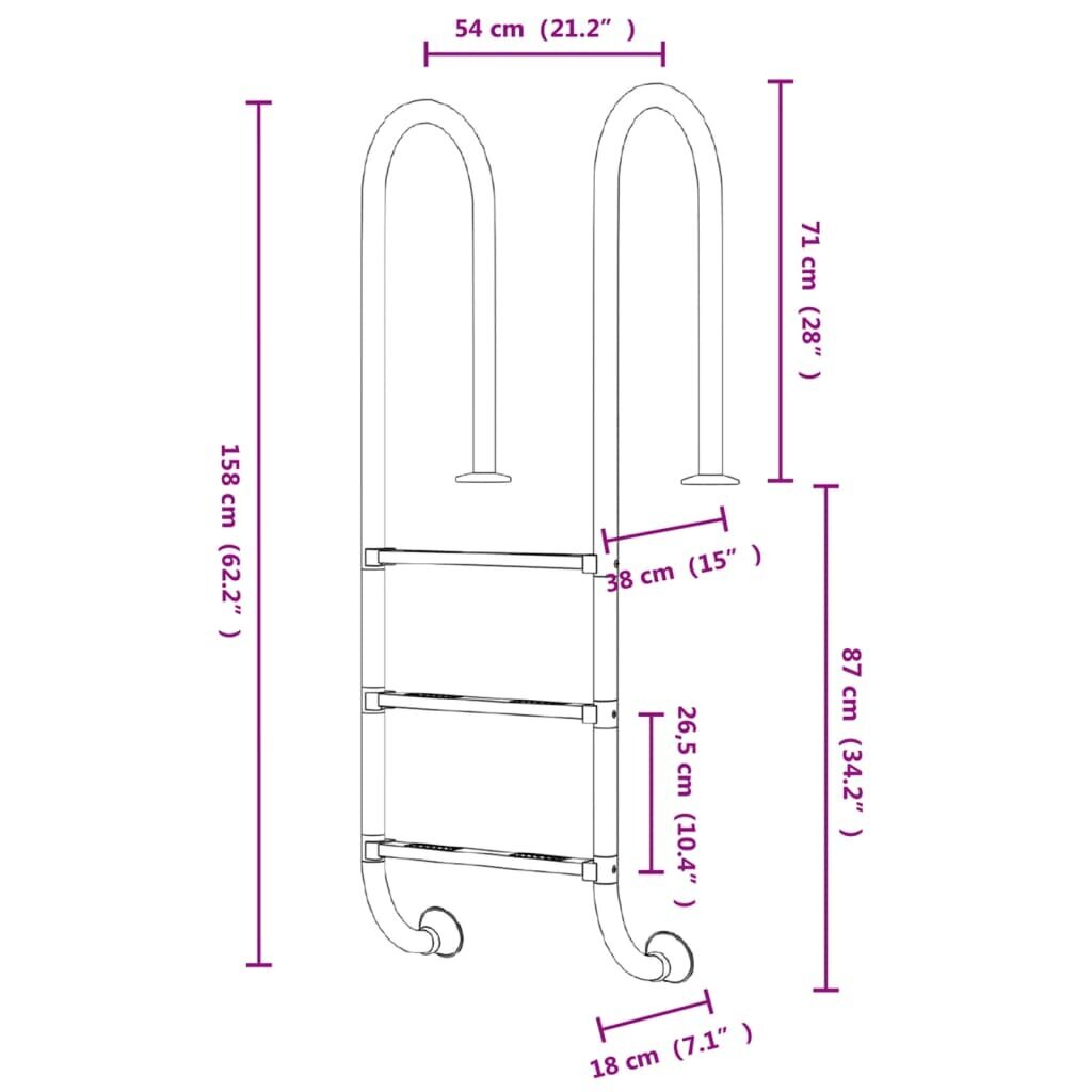 vidaXL basseiniredel, 54 x 38 x 158 cm, 304 roostevaba teras hind ja info | Basseinitehnika | kaup24.ee