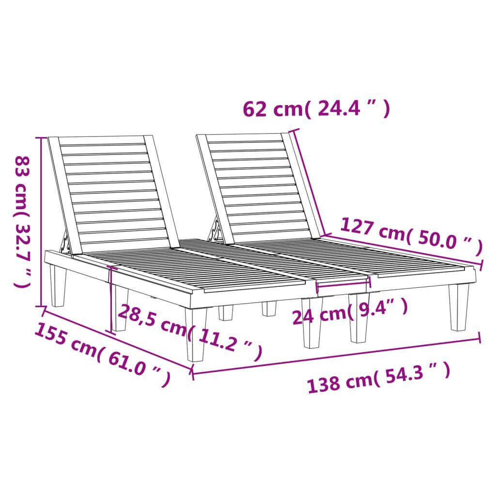 vidaXL kahekohaline päevitustool, must, 155 x 138 x 83 cm, PP цена и информация | Päevitustoolid | kaup24.ee