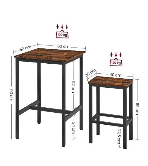 Söögilaud ja 2 tooli, 60 x 60 x 90 cm, pruun ja must цена и информация | Köögi- ja söögilauad | kaup24.ee