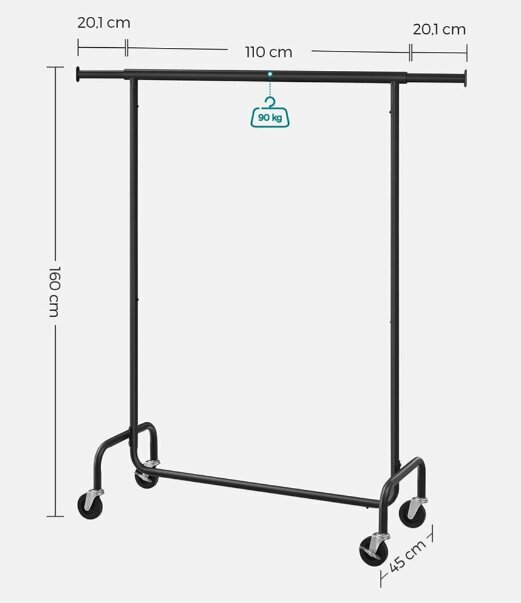 Riidestange ratastel, 45 x (110-150) x 160 cm, matt must hind ja info | Riidestanged ja nagid | kaup24.ee