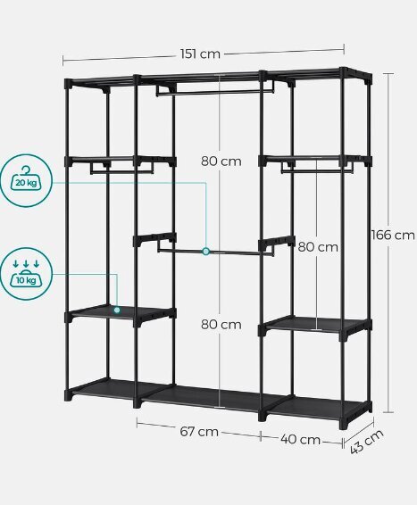 Riidekapp avatud riiulitega, 43 x 151 x 166 cm, must hind ja info | Riiulid | kaup24.ee