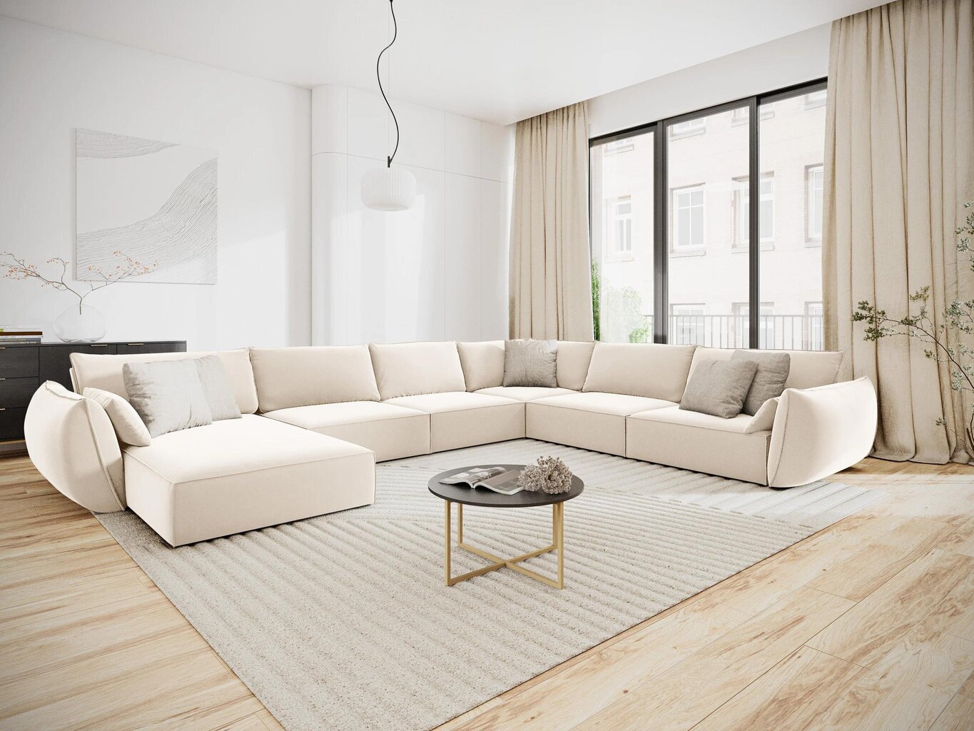 Panoraam parempoolne nurgadiivan velvet sofa Vanda, 8 istekohta, helebeež v. hind ja info | Nurgadiivanid ja nurgadiivanvoodid | kaup24.ee