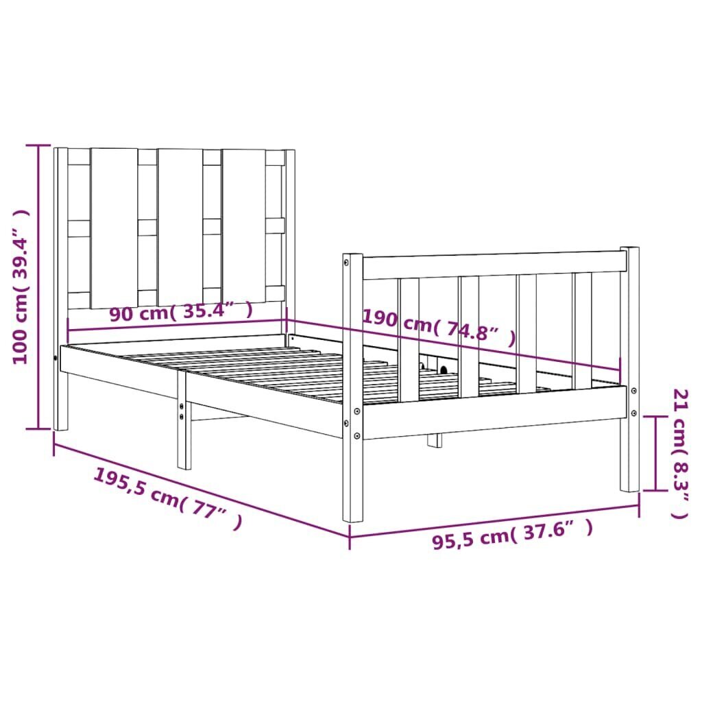 vidaXL voodiraam peatsiga, must, 90 x 190 cm, täispuit hind ja info | Voodid | kaup24.ee