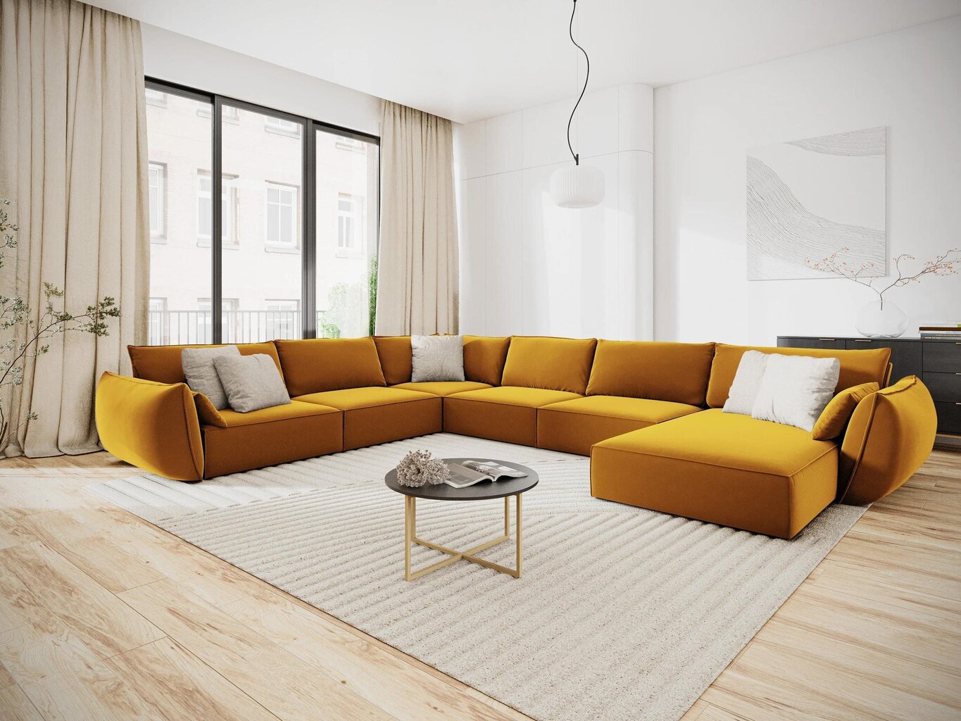 Panoraam vasakpoolne nurgadiivan velvet sofa Vanda, 8 istekohta, kollane (sinep) hind ja info | Nurgadiivanid ja nurgadiivanvoodid | kaup24.ee