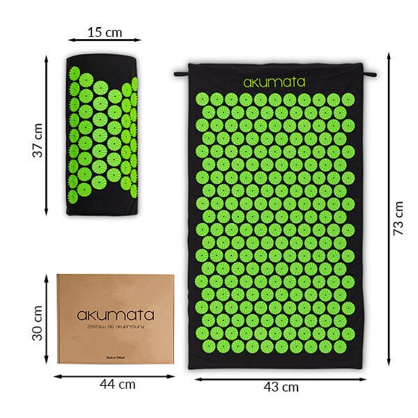 Akupressuurimatt koos padjaga Padi Akumata, 73x43 cm, must/roheline цена и информация | Massaažikaubad | kaup24.ee