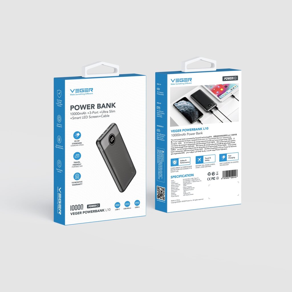 Veger, akupank, L10 - 10 000mAh LCD, must hind ja info | Akupangad | kaup24.ee