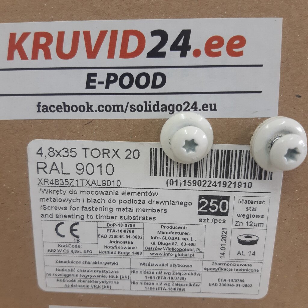 Katusekruvi AR2 4.8x35mm Torx 20 RAL 9010, 250tk hind ja info | Kinnitusvahendid | kaup24.ee