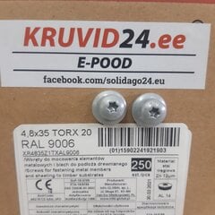 Саморезы AR2 4.8x35mm Torx 20 RAL 9006, 250шт цена и информация | Инструменты крепления | kaup24.ee