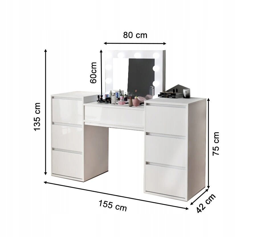 Kosmeetikalaud, 155 x 135 x 42 cm, valge hind ja info | Tualettlauad | kaup24.ee