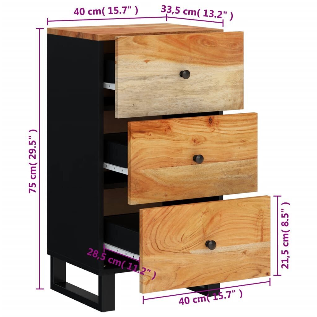 vidaXL puhvetkapp 3 sahtliga, 40 x 33,5 x 75 cm, akaatsiapuit hind ja info | Elutoa väikesed kapid | kaup24.ee