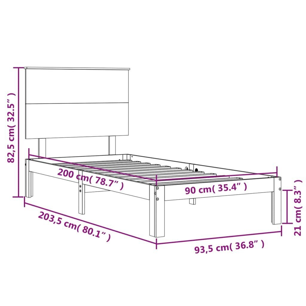 vidaXL voodiraam peatsiga, 90 x 200 cm, täispuit hind ja info | Voodid | kaup24.ee