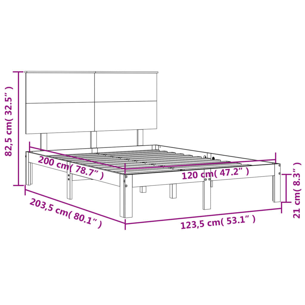 vidaXL voodiraam peatsiga, valge, 120 x 200 cm, täispuit hind ja info | Voodid | kaup24.ee