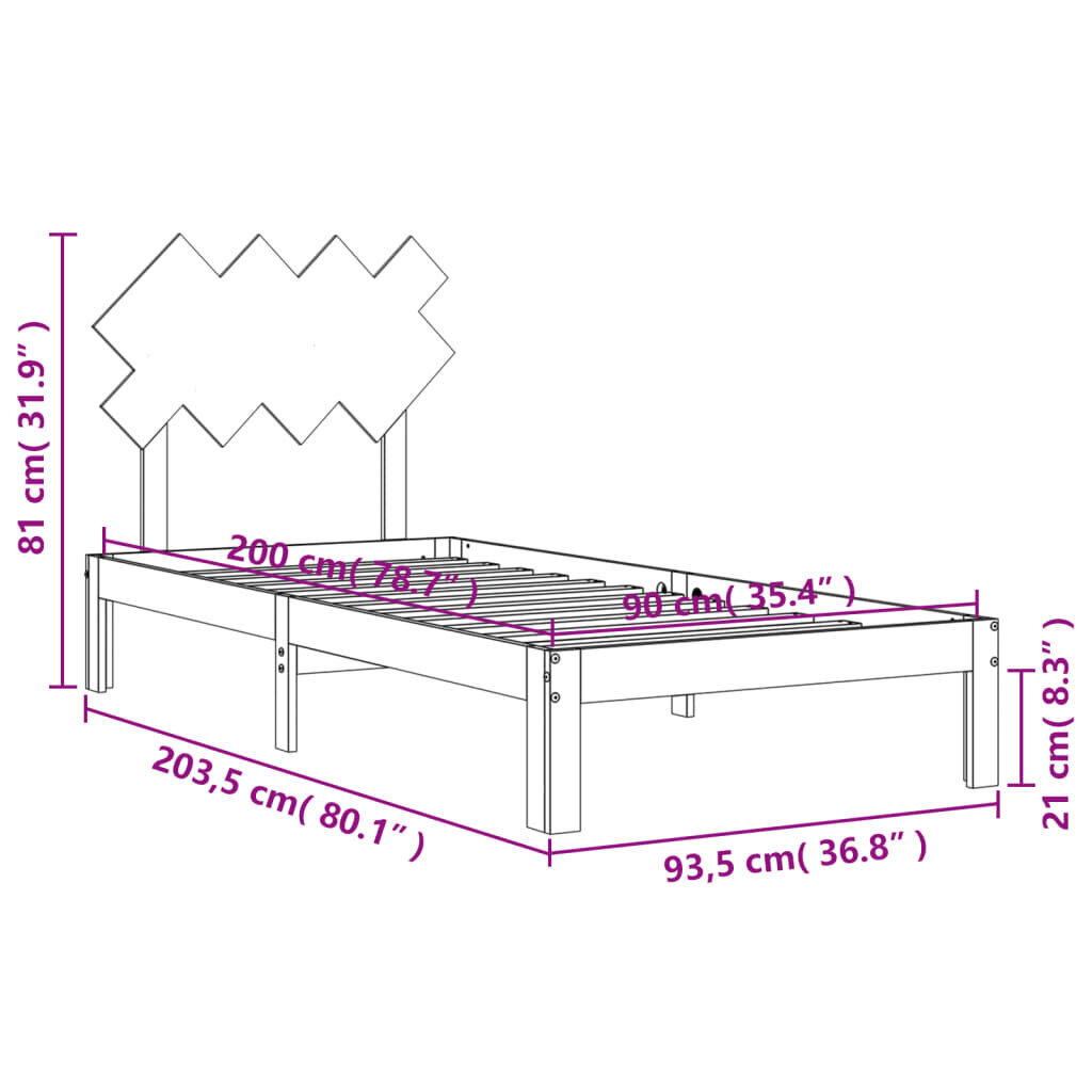 vidaXL voodiraam peatsiga, 90 x 200 cm, täispuit цена и информация | Voodid | kaup24.ee