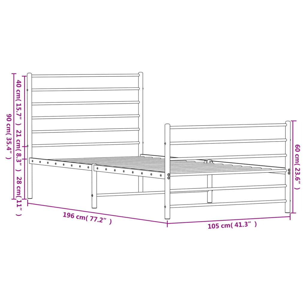 vidaXL metallist voodiraam peatsi ja jalutsiga, valge, 100x190 cm hind ja info | Voodid | kaup24.ee