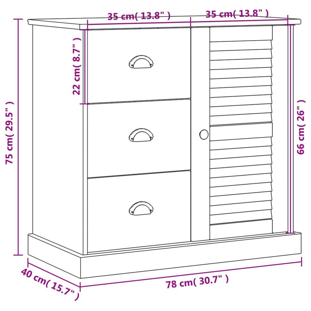 vidaXL sahtlitega puhvetkapp "VIGO" 78 x 40 x 75 cm, valge, männipuit цена и информация | Elutoa väikesed kapid | kaup24.ee