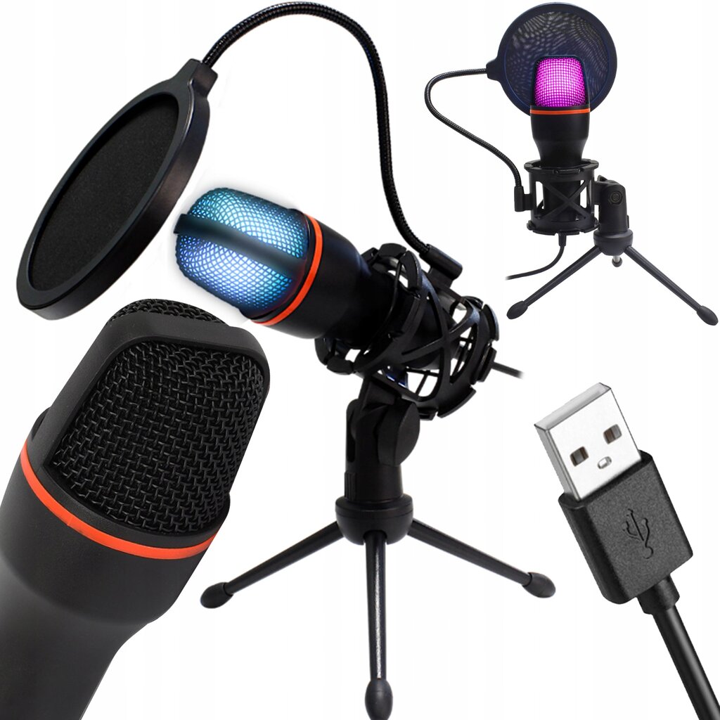 Mikrofon filtri ja USB kaabliga, heli salvestamiseks, RGB valgustus hind ja info | Mikrofonid | kaup24.ee