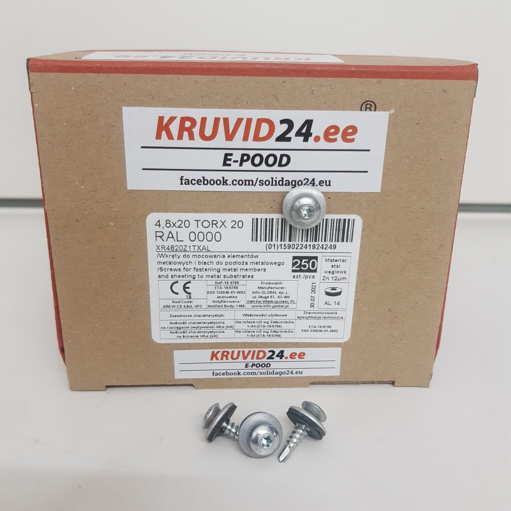 Katusekruvi AR0 4.8x20mm RAL 0000, TORX 20, 250tk/pakk hind ja info | Kinnitusvahendid | kaup24.ee