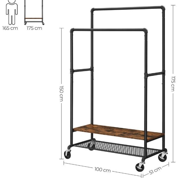 Riidestange ratastel, 100 x 51 x 150/175 cm, must hind ja info | Riidestanged ja nagid | kaup24.ee