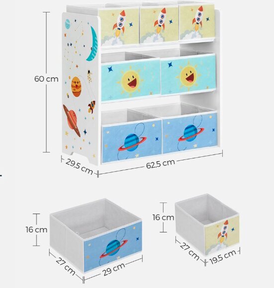 Lastetoa riiul 7 riidest kastiga, 29,5 x 62,5 x 60 cm, valge цена и информация | Lastetoa riiulid | kaup24.ee