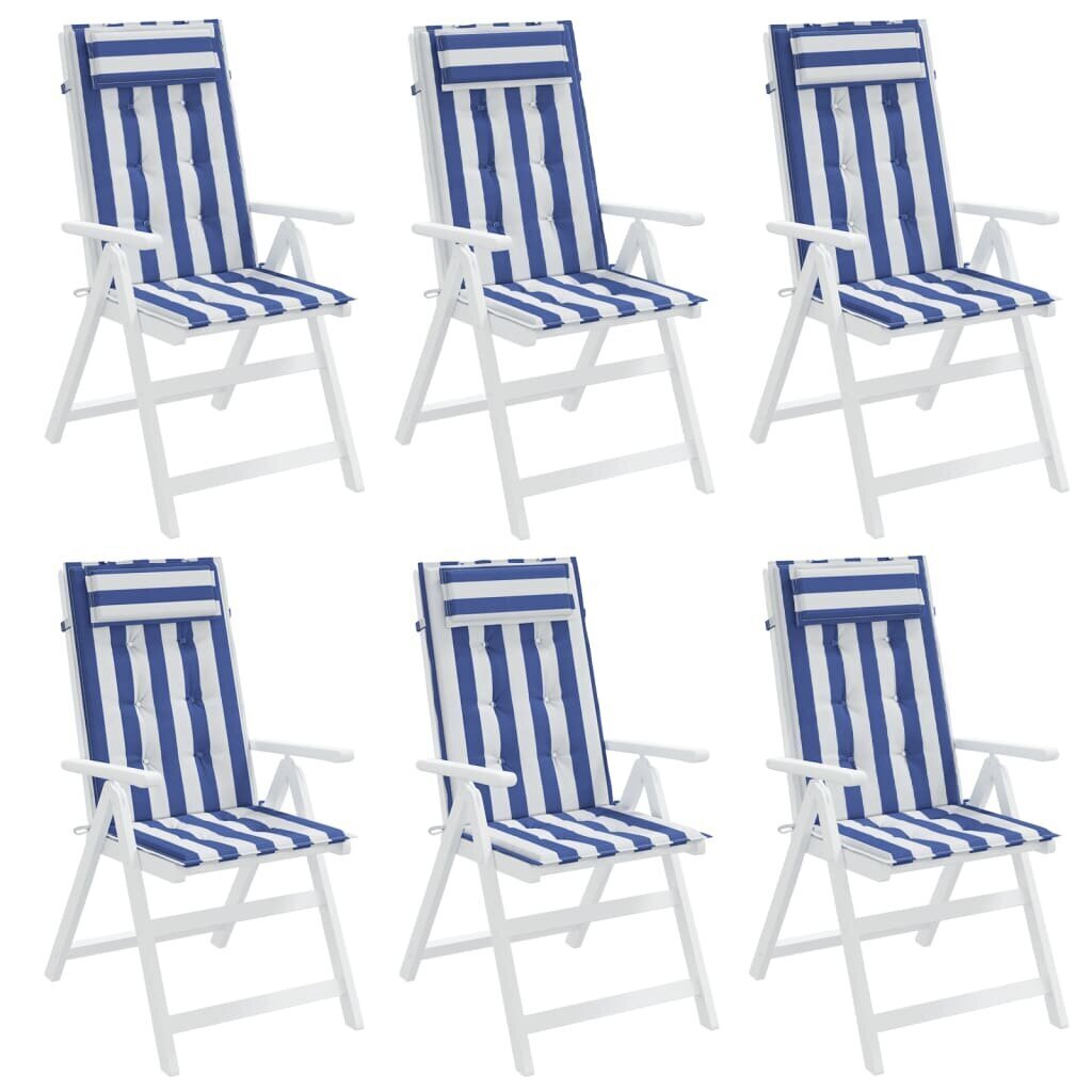 vidaXL kõrge seljatoega toolipadjad 6 tk, sinise/valge triibuline hind ja info | Toolipadjad ja -katted | kaup24.ee