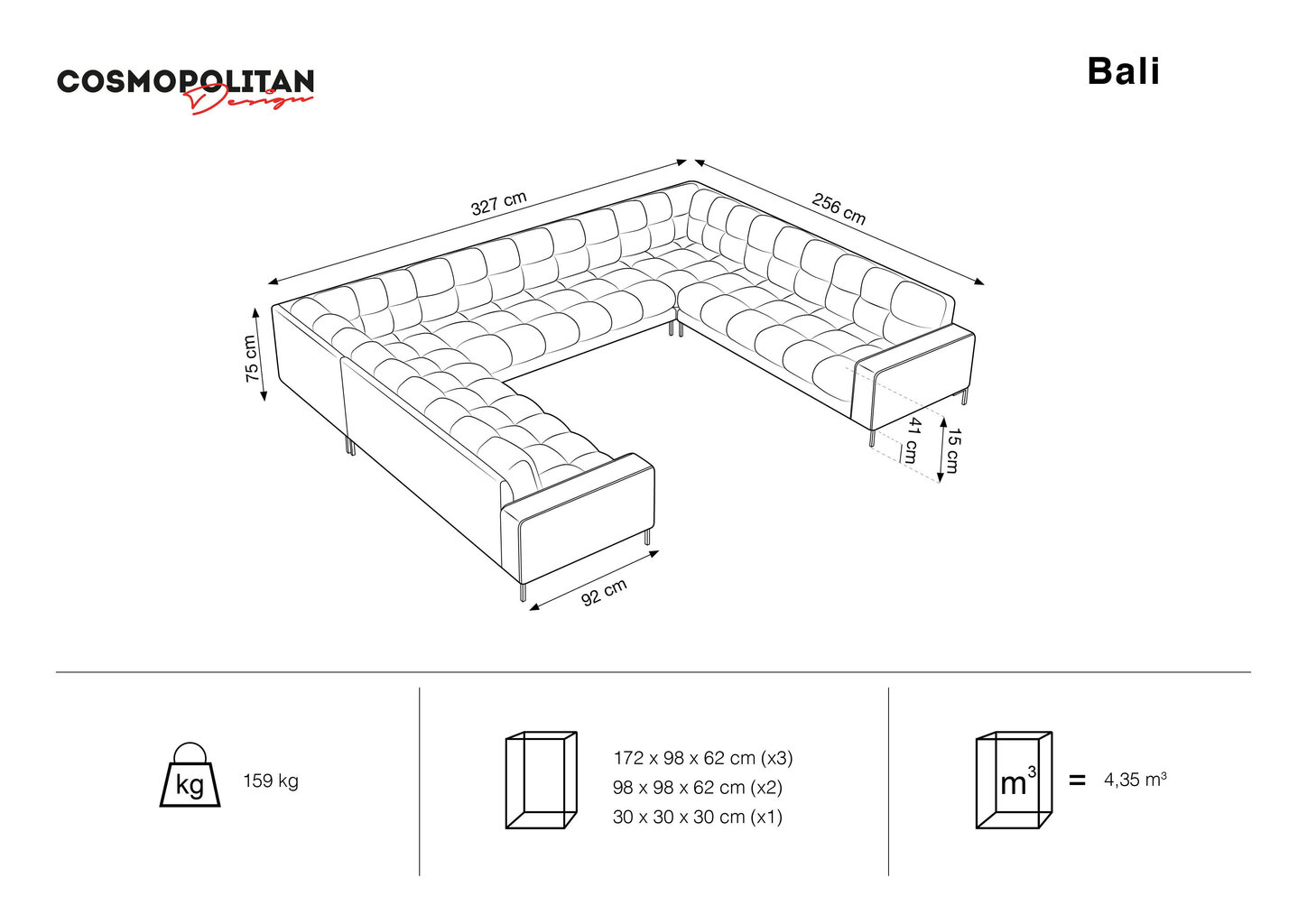 Pehme nurgadiivan Cosmopolitan Design Bali 9S-VU, helesinine/must цена и информация | Nurgadiivanid ja nurgadiivanvoodid | kaup24.ee