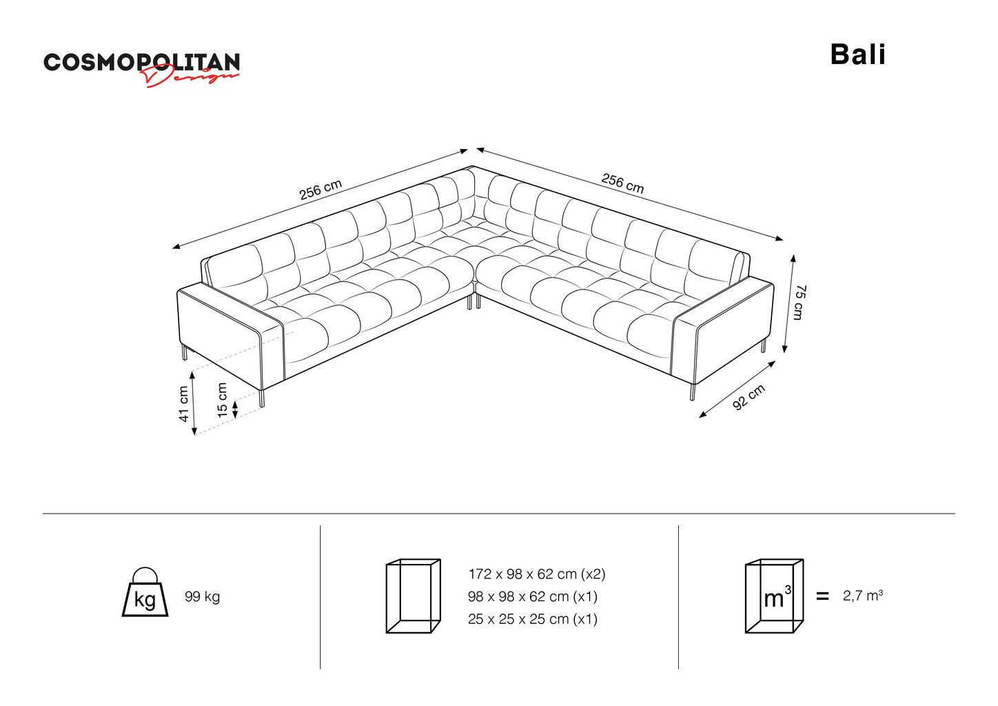 Universaalne pehme nurgadiivan Cosmopolitan Design Bali 6S-V, helehall/must цена и информация | Nurgadiivanid ja nurgadiivanvoodid | kaup24.ee