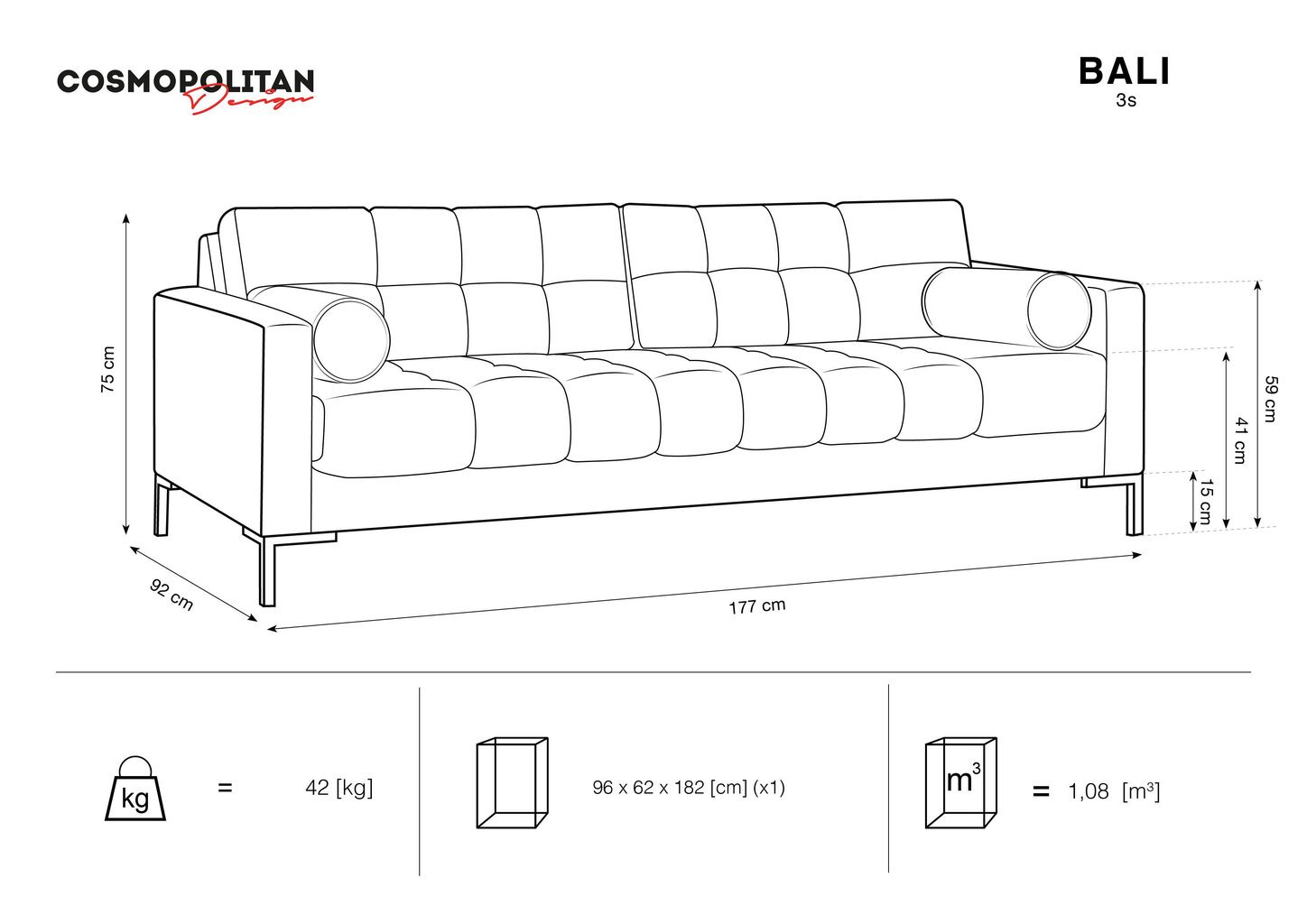 Diivan Cosmopolitan Design Bali 2S, tumeroheline/must цена и информация | Diivanid ja diivanvoodid | kaup24.ee